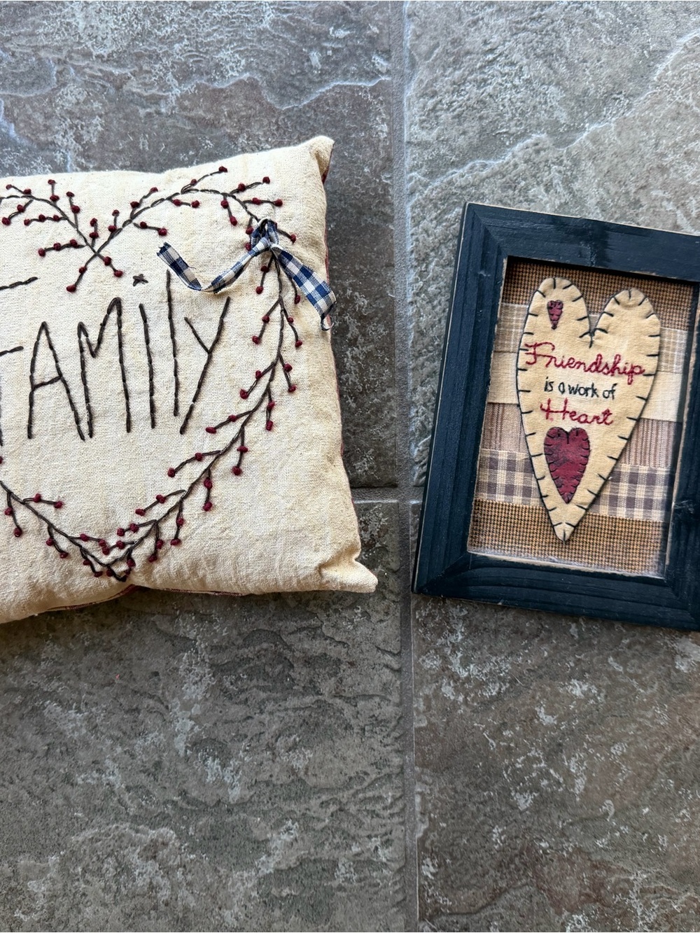 Primitive Rustic Decor Lot - Family Pip Berry Pillow & Framed Heart Stitched